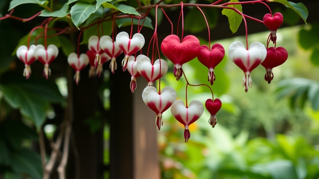 Bleeding heart vine with white and red heart-shaped flowers cascading from a trellis