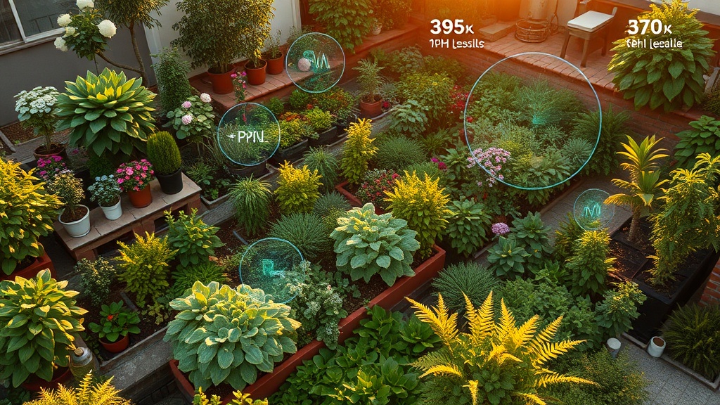 A lush garden with dozens of species, overlaid with gentle digital diagnostic readings