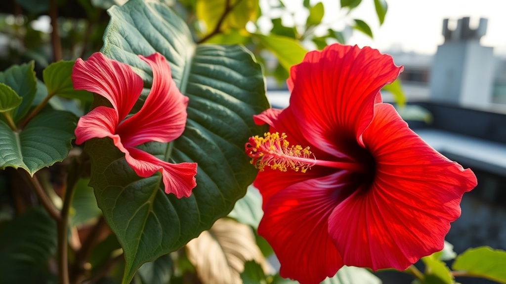 Close-up of a vibrant hibiscus bloom next to a leaf with wrinkled, distorted edges