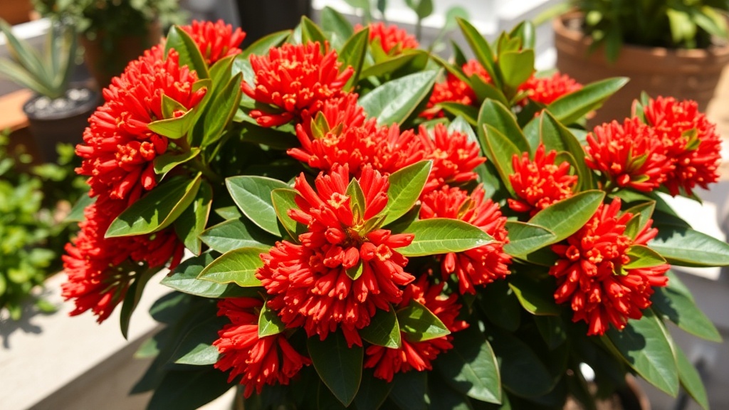 Ixora plant with clusters of bright red-orange flowers and dark green leaves in a tropical garden
