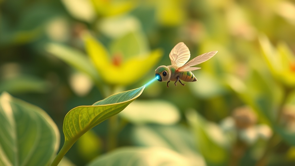 A tiny insect-like micro-drone scanning a plant leaf with a gentle blue light