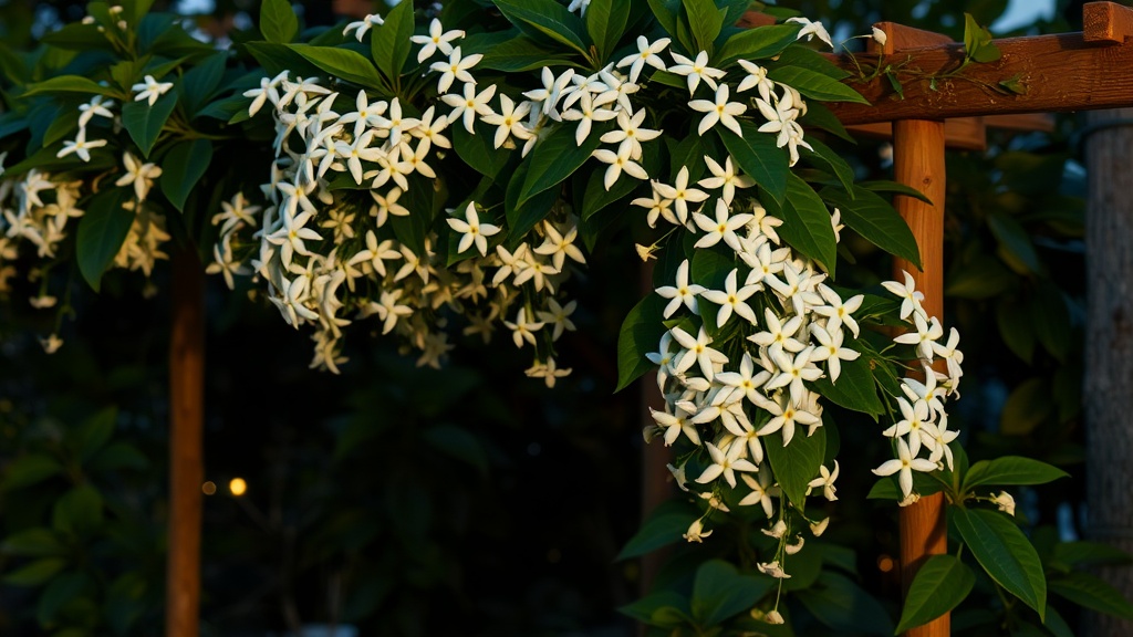 Night jasmine (nitya malli) with white star-shaped flowers cascading over a trellis at dusk
