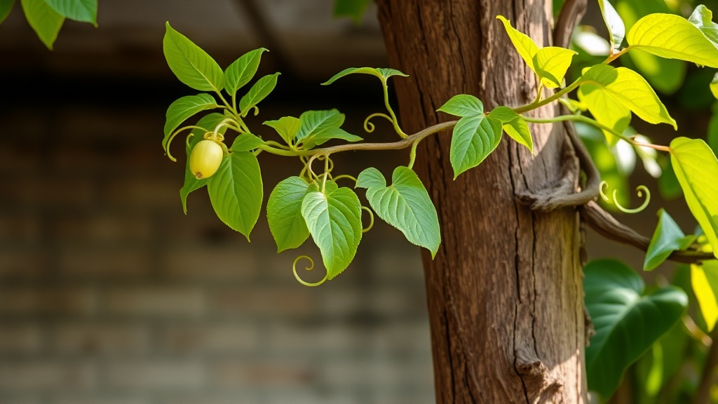 Passion fruit vine with curling tendrils and new green leaves growing from a thick woody stem