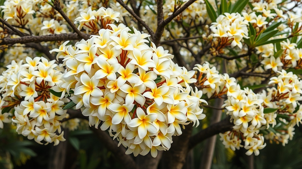 Plumeria tree with clusters of white and yellow flowers against a tropical sky