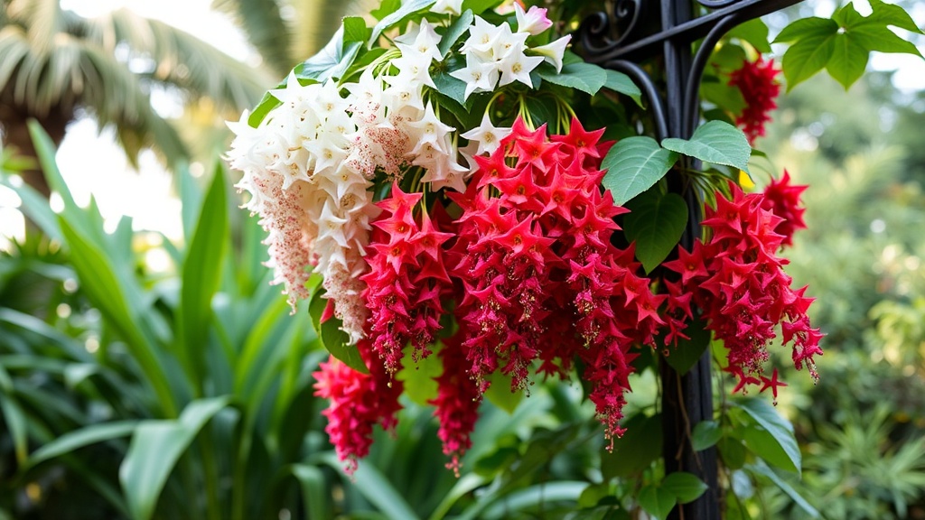 Rangoon creeper vine with cascading flowers transitioning from white to pink to red