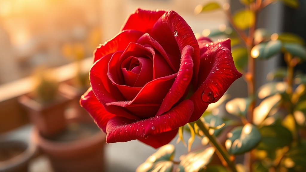 A single large rose bloom in rich color with morning dew, rooftop garden in background