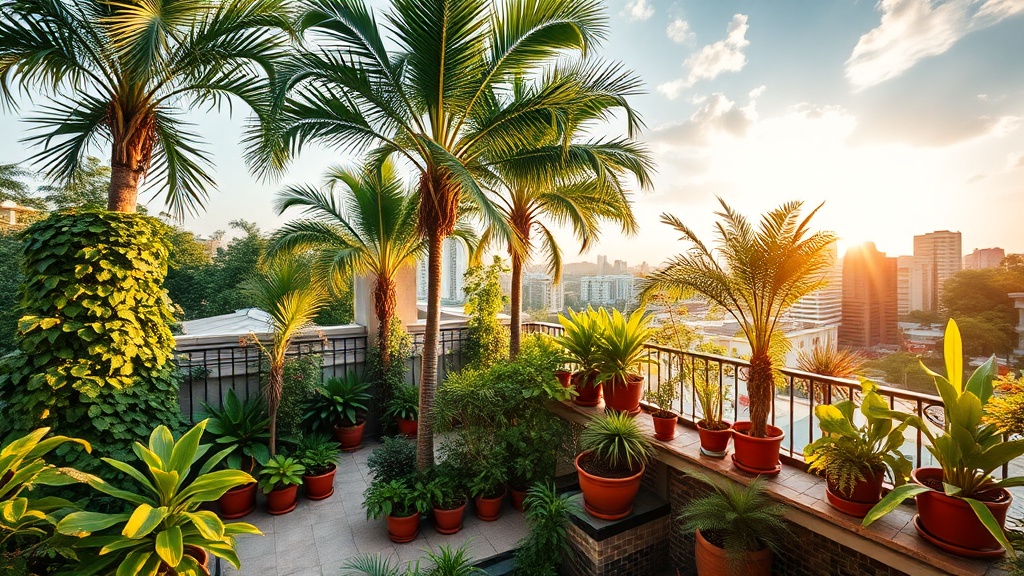 A diverse rooftop garden with palms, ferns, pothos on walls, and various tropical plants