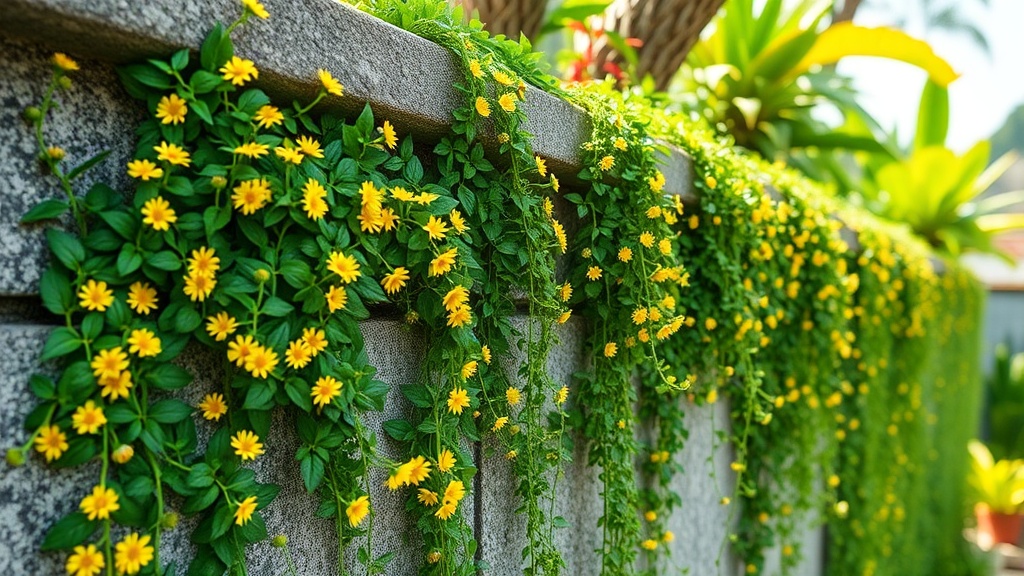 Wedelia ground cover plant with small yellow daisy-like flowers cascading down a garden wall