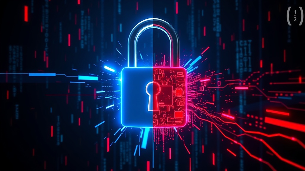 A glowing digital lock being simultaneously reinforced and dismantled by opposing streams of light