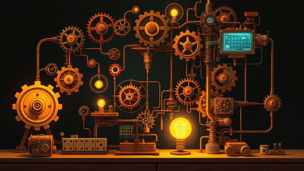 A whimsical Rube Goldberg machine blending analog gears and digital screens
