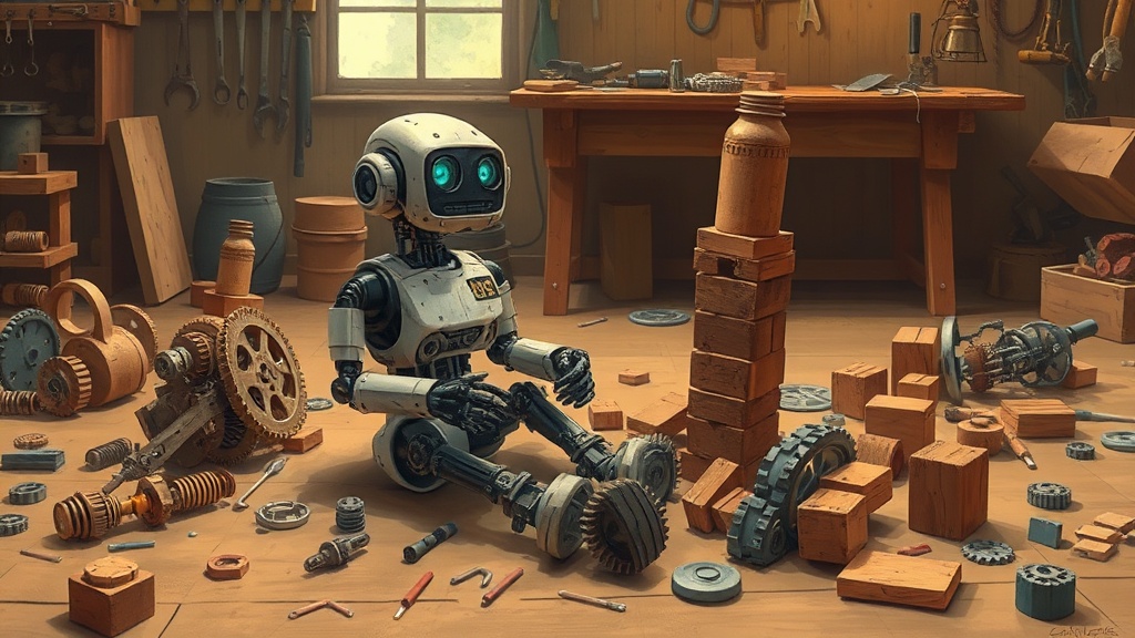 A curious robot sitting among scattered parts on a workshop floor, playfully building